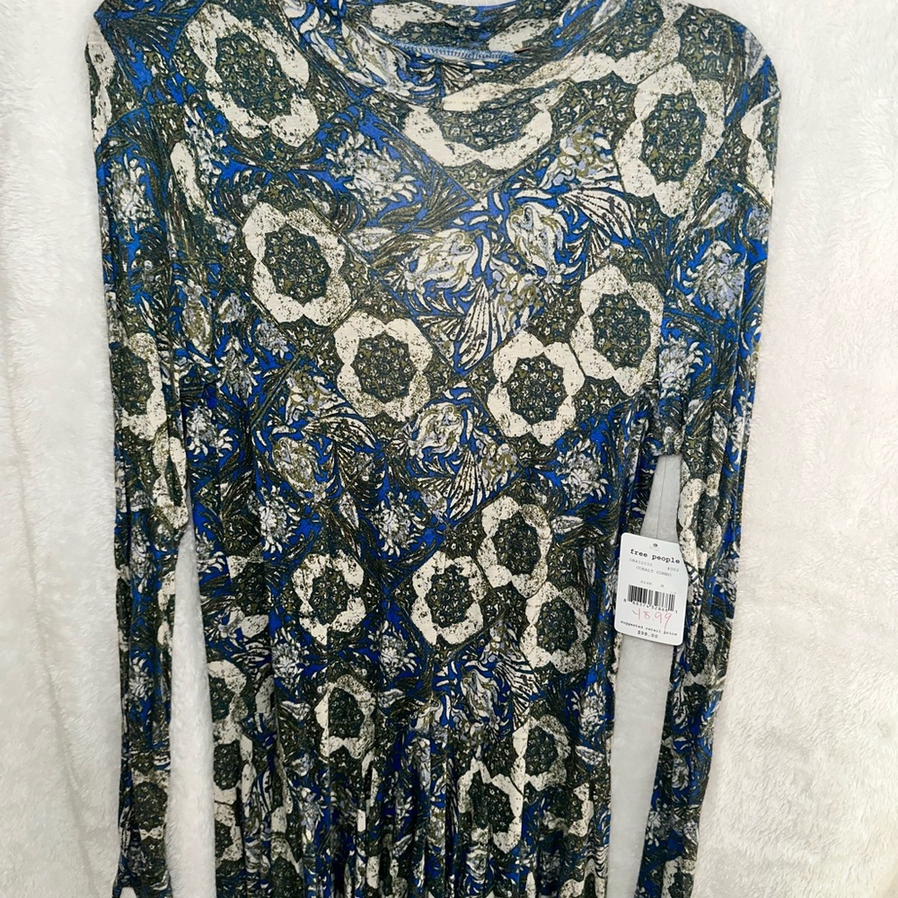 Free People Blue and Green Patterned Long Sleeve Dress - Picture 5 of 11
